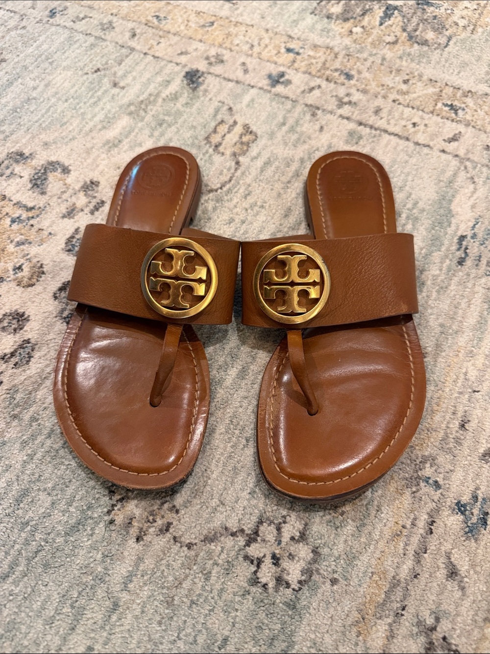 Tory Burch Brown Leather Logo Thong Sandals with Gold Medallions